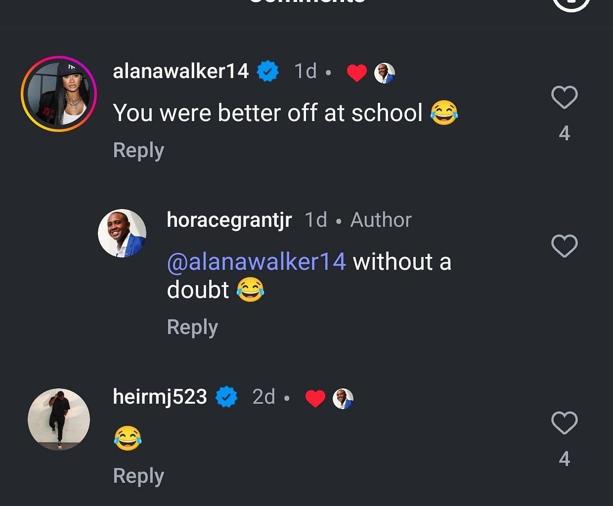 Marcus Jordan and Alana Walker's reaction to Grant Jr. and Jeffrey's clip